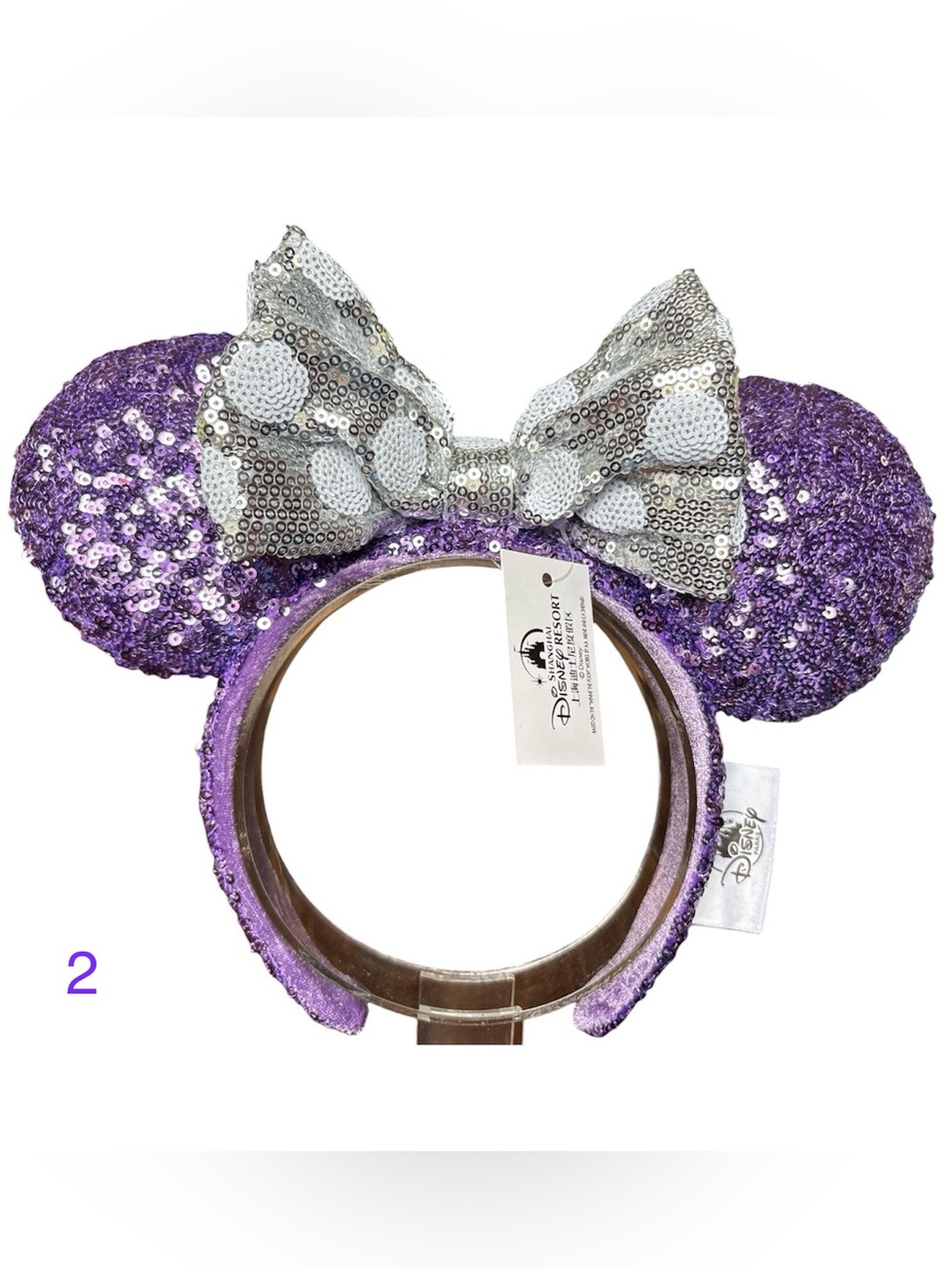 Disney Minnie Mouse Purple Ears Silver Polka Dot Bow Sequin Headband Ears NEW! 2
